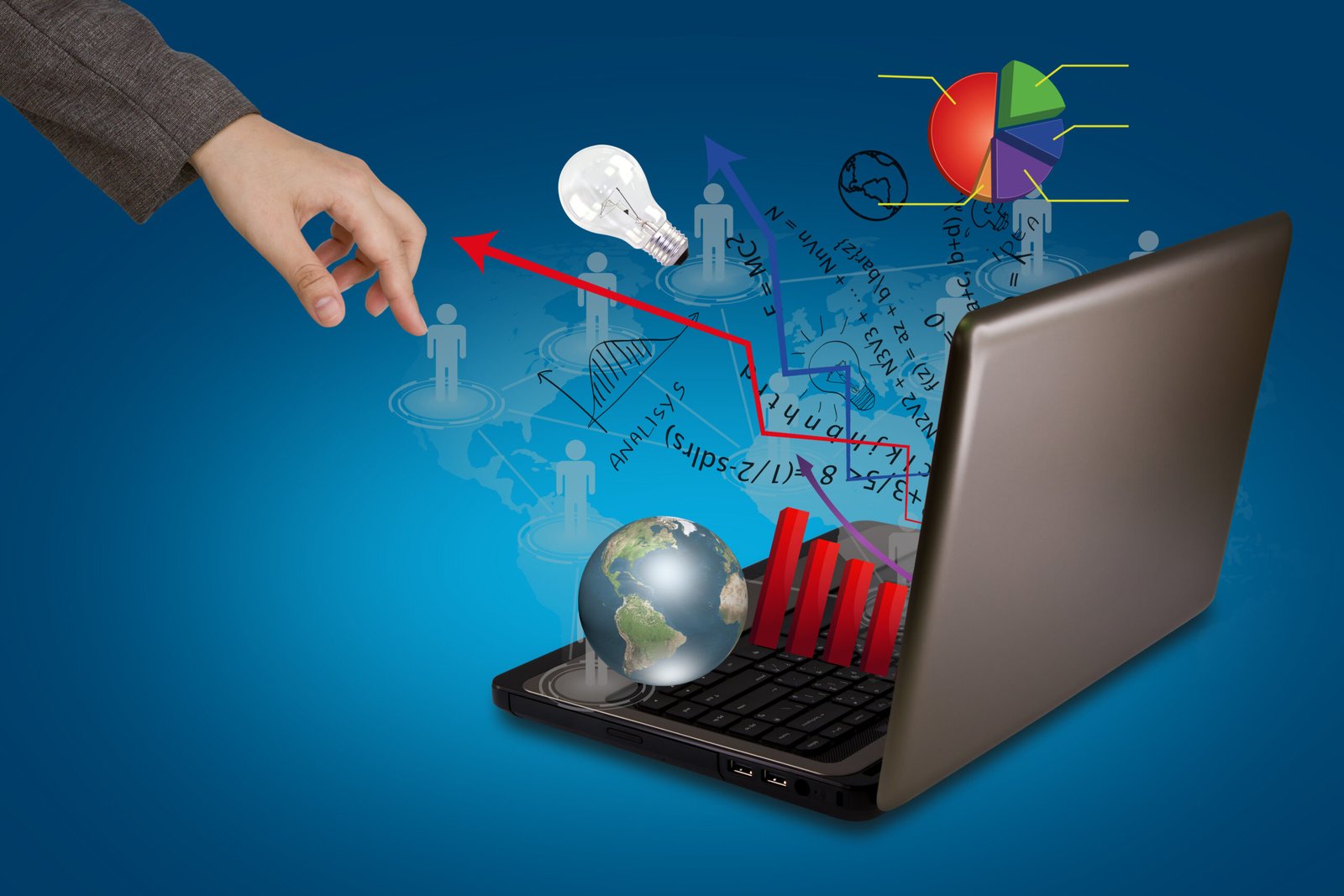 hand near laptop that expels graphics arrows scaled